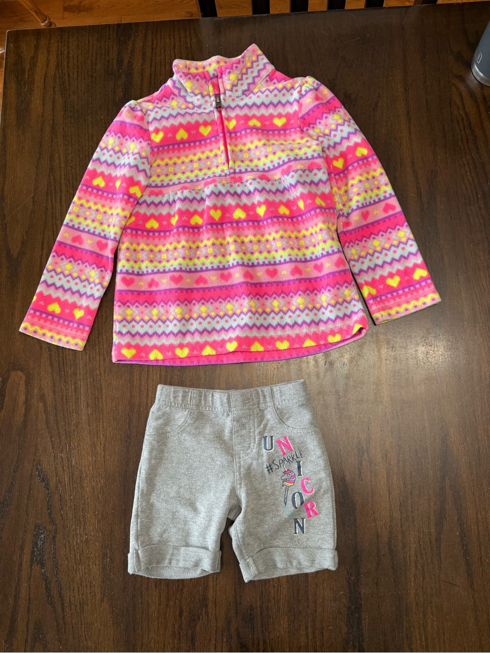 The Children's Place Pink & Yellow Patterned Fleece Pullover with Gray Shorts